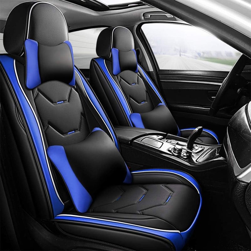 otoez Universal Leather Car Seat Covers 5 Seat Full Set Automotive Seat Protector Replacement Compatible with Most Honda Toyota Chevy Ford Vehicles, Trucks, SUVs(Blue+Black,with Pillows) - Image 1